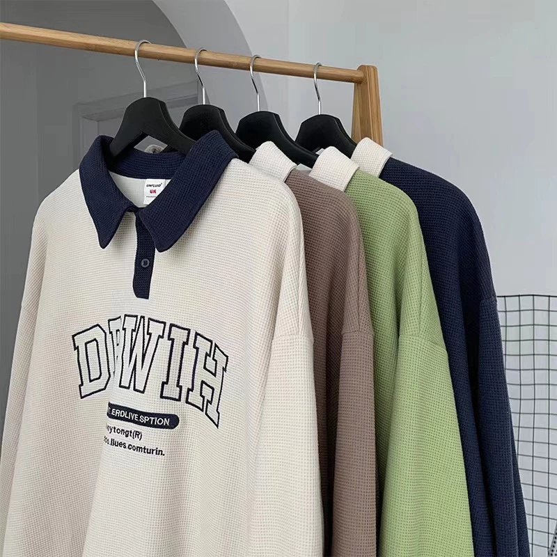 collar embroidery waffle T-shirt long sleeve