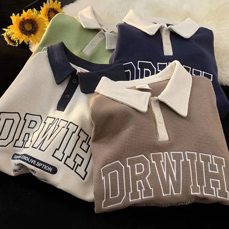 collar embroidery waffle T-shirt long sleeve