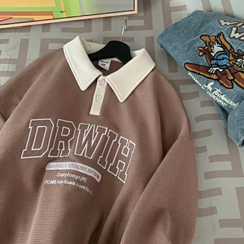 collar embroidery waffle T-shirt long sleeve