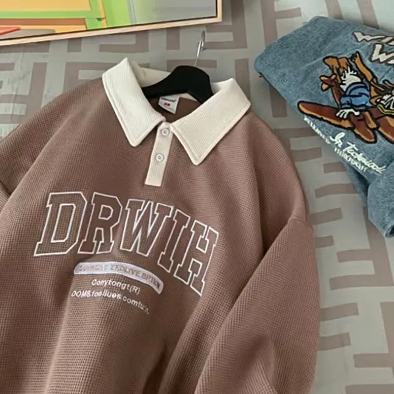 collar embroidery waffle T-shirt long sleeve