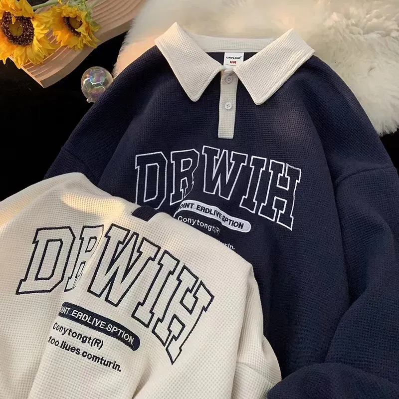 collar embroidery waffle T-shirt long sleeve