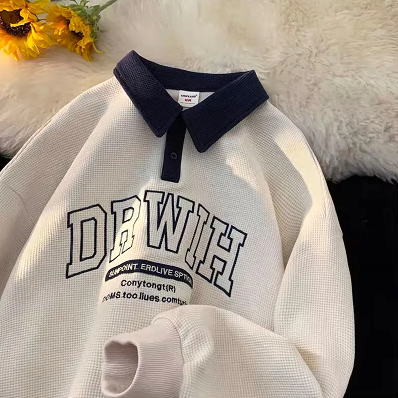 collar embroidery waffle T-shirt long sleeve