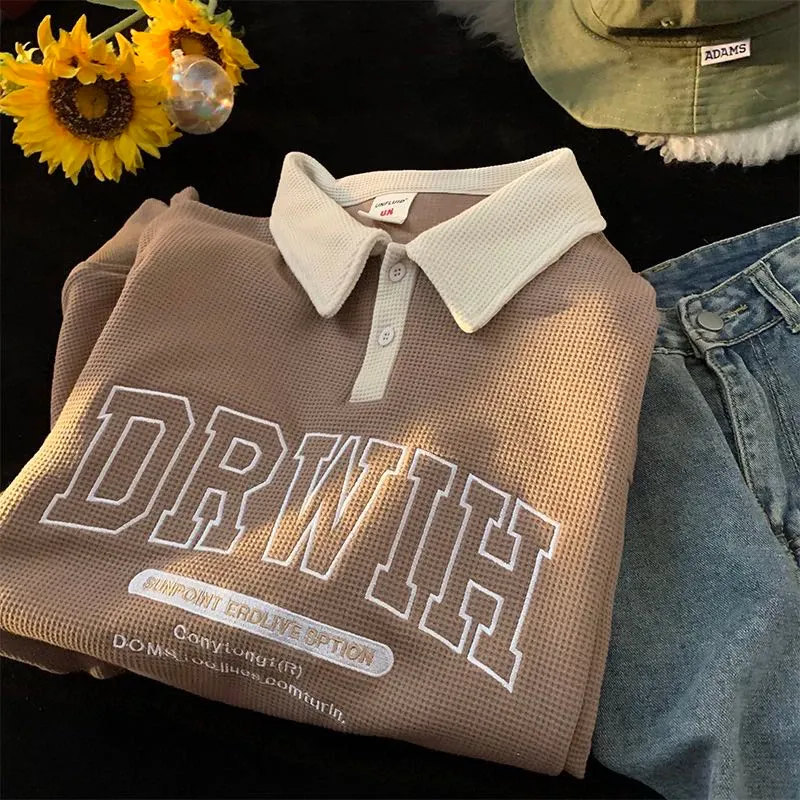 collar embroidery waffle T-shirt long sleeve