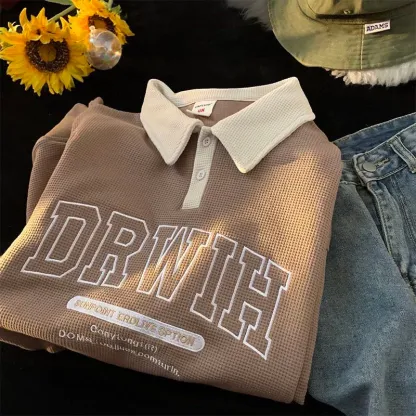 collar embroidery waffle T-shirt long sleeve