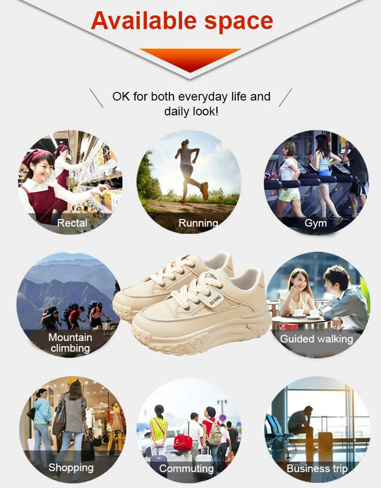 Thick-soled casual women's height-increasing shoes, 30 mm ergonomic sole. Supports the natural shape of the foot while walking and improves activity efficiency.