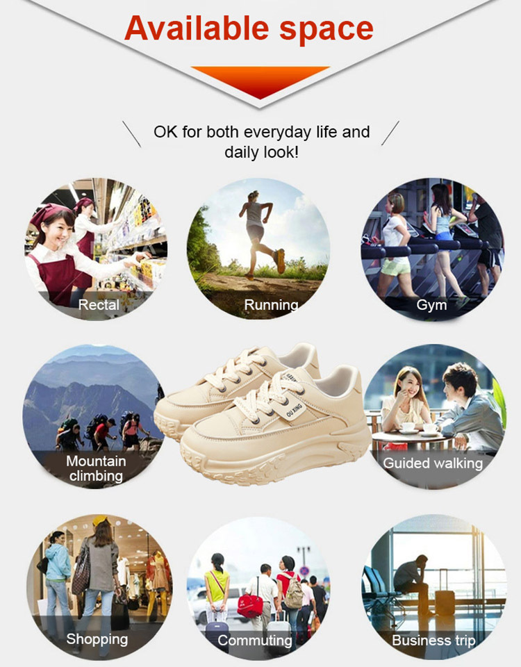 Thick-soled casual women's height-increasing shoes, 30 mm ergonomic sole. Supports the natural shape of the foot while walking and improves activity efficiency.