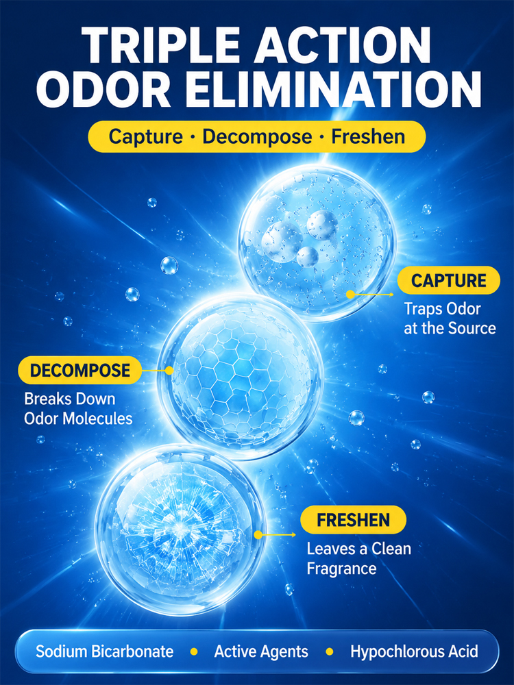 Triple action odor elimination