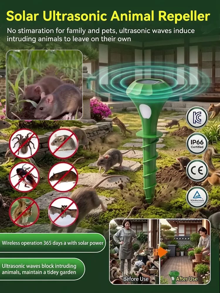 🌞Solar-Powered Ultrasonic Rats and Animals Repellent for Outdoors, Waterproof, Fully Automatic