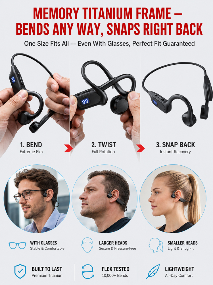 Elderly bone conduction Bluetooth headphones adopt advanced bone conduction sound transmission tech, no need to insert into ear canals 🚫, effectively get rid of ear swelling and soreness from traditional in-ear wearing 😌.