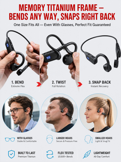 Elderly bone conduction Bluetooth headphones adopt advanced bone conduction sound transmission tech, no need to insert into ear canals 🚫, effectively get rid of ear swelling and soreness from traditional in-ear wearing 😌.