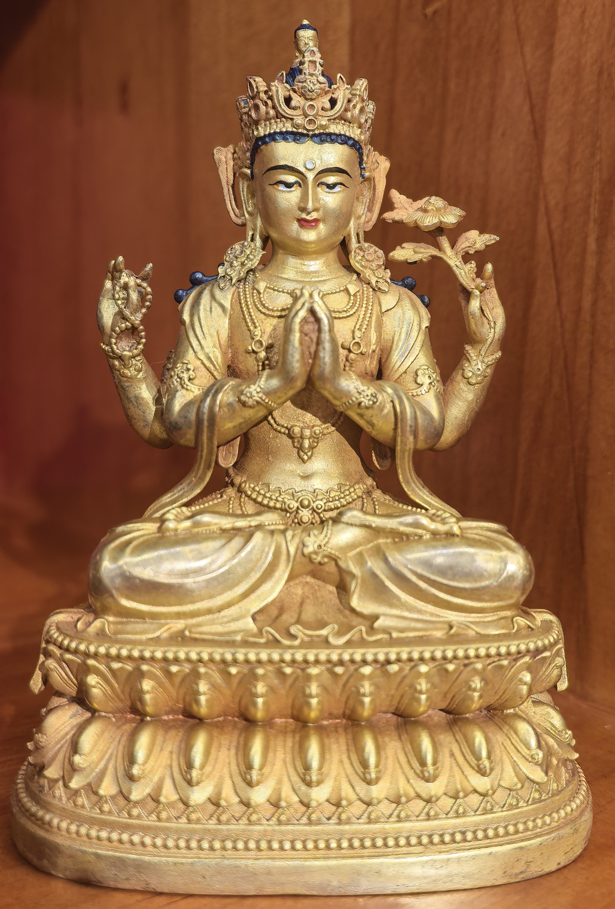 Four-Armed Avalokiteshvara – 10cm Gilt Copper Statue Handcrafted