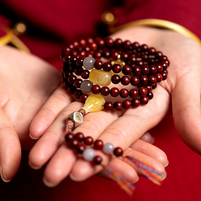 Natural Rosewood 108 Bead Mala Bracelet with Beeswax and Hetian Jade Zodiac Sign Charm