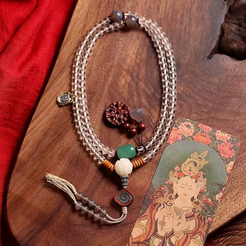 White Tara Blessing – Handcrafted White Glaze Glass (Liu Li) Mala
