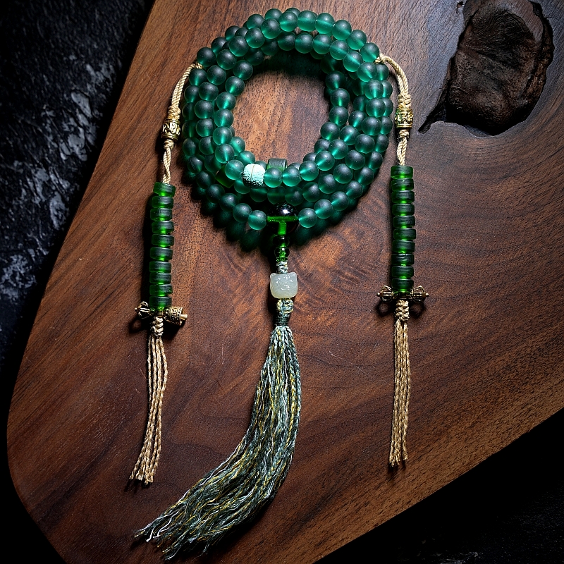 Handcrafted Green Tara Glass Bead Mala – 108 Beads with Hetian Jade