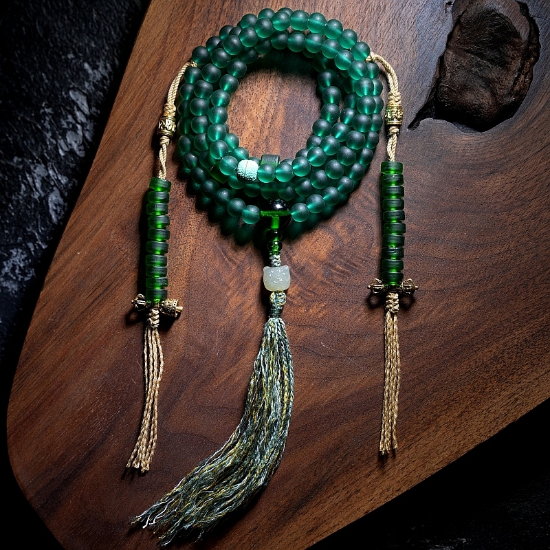 Handcrafted Green Tara Glass Bead Mala – 108 Beads with Hetian Jade