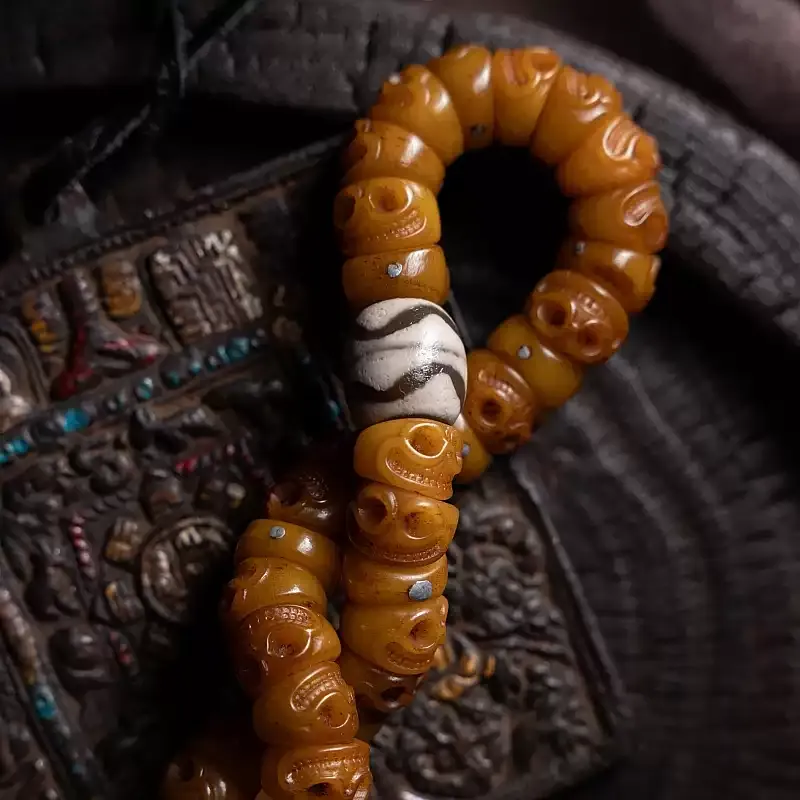 Tibetan Slant-Cut Yak Bone Skull Mala Bracelet – Charnel Ground Master Beads with Tassel