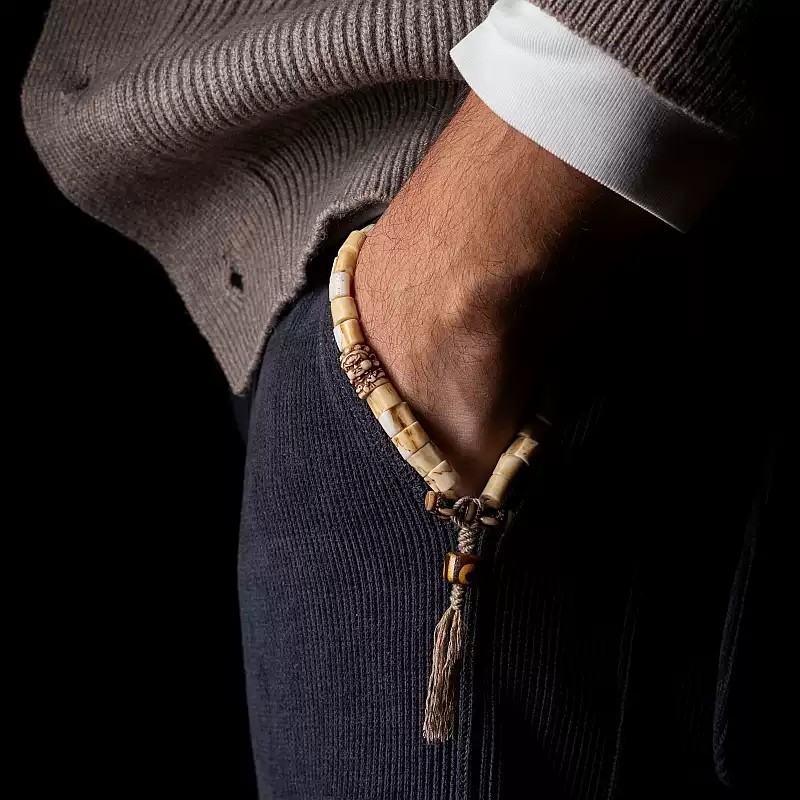 Tibetan Handwoven Antler Bracelet with Yak Bone & Agate Accents