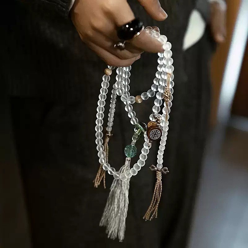 Sacred White Tara Mala – Handcrafted Glass Beads Necklace