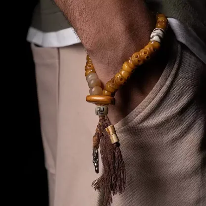 Tibetan Slant-Cut Yak Bone Skull Mala Bracelet – Charnel Ground Master Beads with Tassel