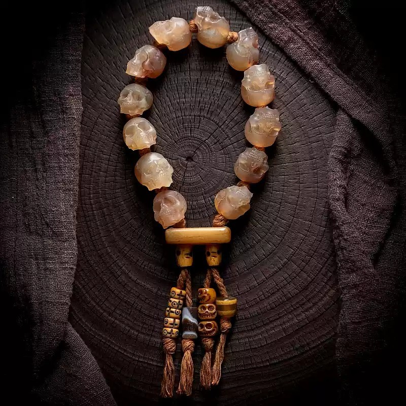 Shitro Lord Bone Bracelet: Tibetan Handcarved Goat Horn Mala with Yak 