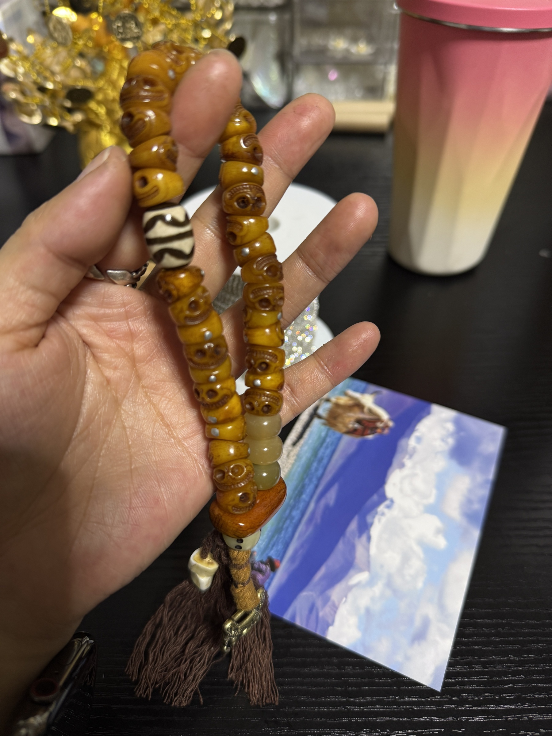 Tibetan Slant-Cut Yak Bone Skull Mala Bracelet – Charnel Ground Master Beads with Tassel