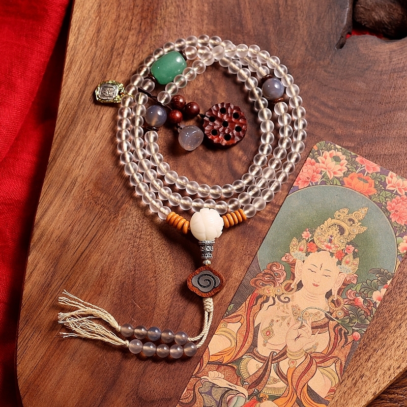 White Tara Blessing – Handcrafted White Glaze Glass (Liu Li) Mala