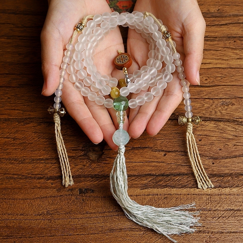 Sacred White Tara Mala – Handcrafted Glass Beads Necklace