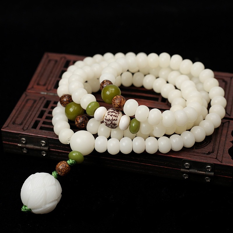 Lotus White Jade Bodhi Seed Mala (108 Beads)