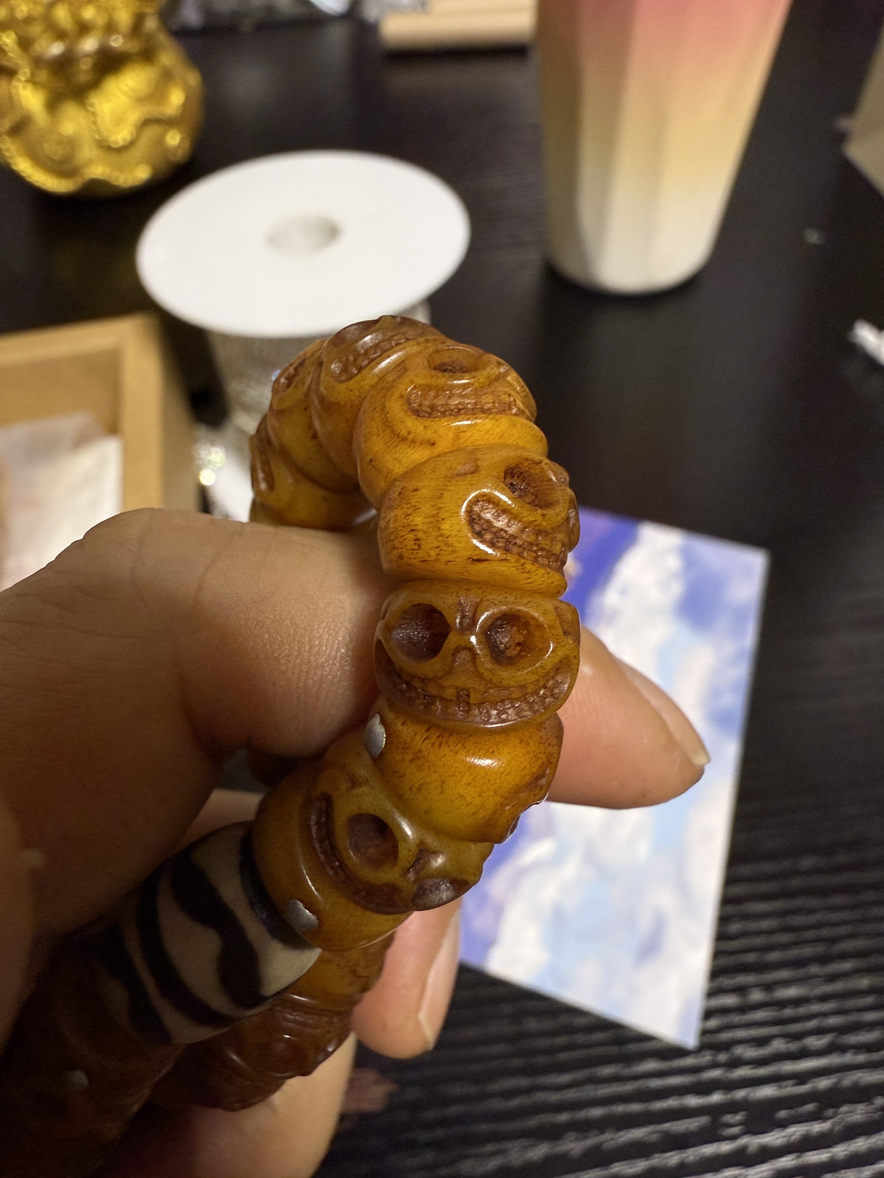 Tibetan Slant-Cut Yak Bone Skull Mala Bracelet – Charnel Ground Master Beads with Tassel