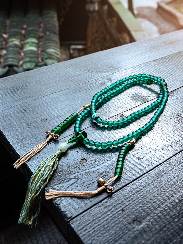 Handcrafted Green Tara Glass Bead Mala – 108 Beads with Hetian Jade