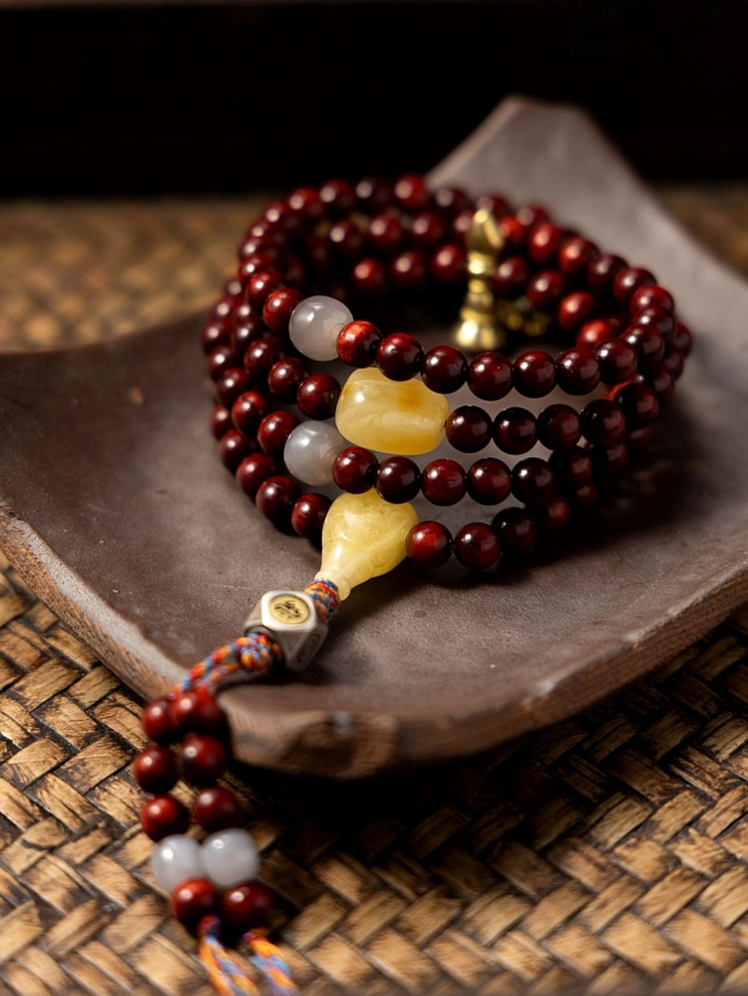 Natural Rosewood 108 Bead Mala Bracelet with Beeswax and Hetian Jade Zodiac Sign Charm