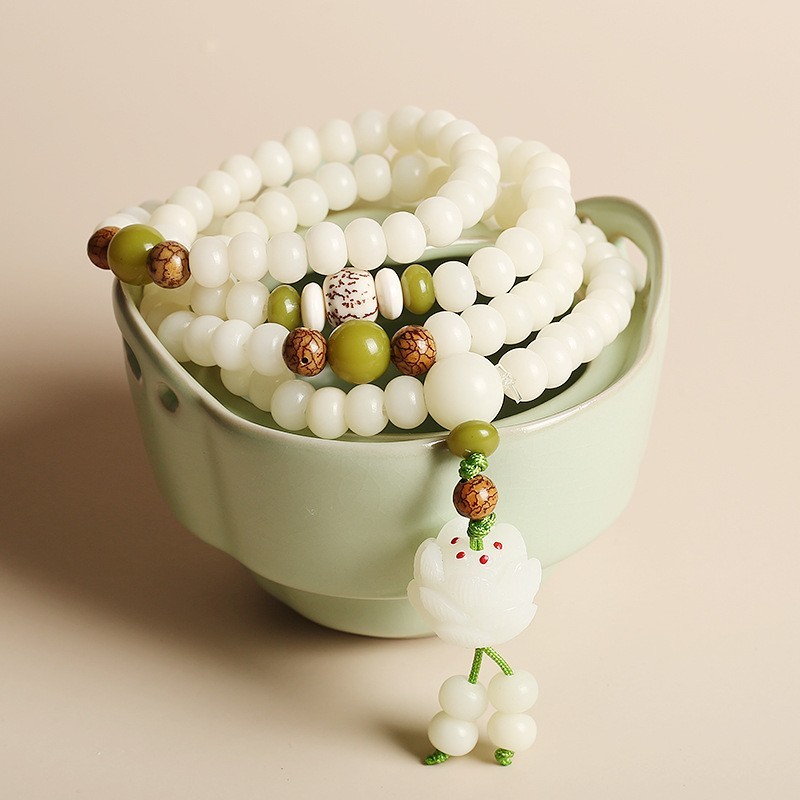 Lotus White Jade Bodhi Seed Mala (108 Beads)