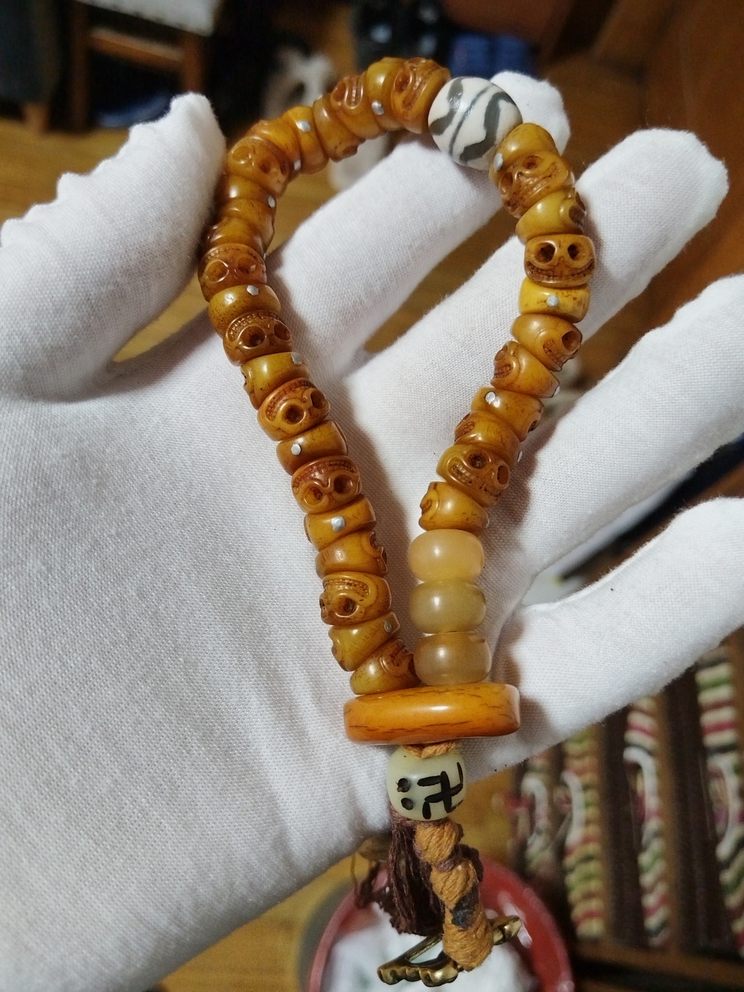 Tibetan Slant-Cut Yak Bone Skull Mala Bracelet – Charnel Ground Master Beads with Tassel