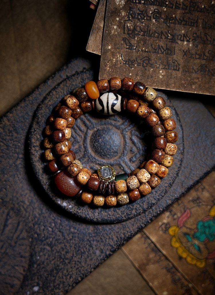 Star Moon Bodhi Seed Chenzi Beads with Dzi Beads Multi-Wrap Bracelet