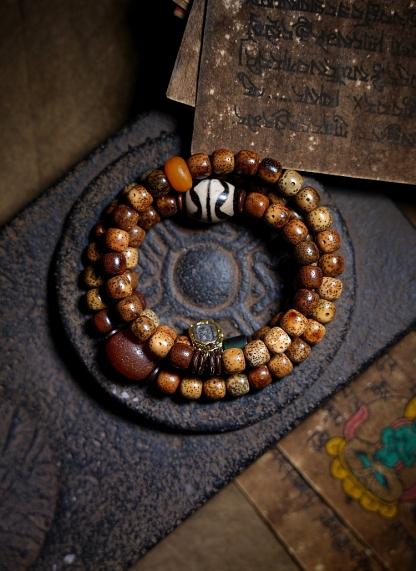 Star Moon Bodhi Seed Chenzi Beads with Dzi Beads Multi-Wrap Bracelet