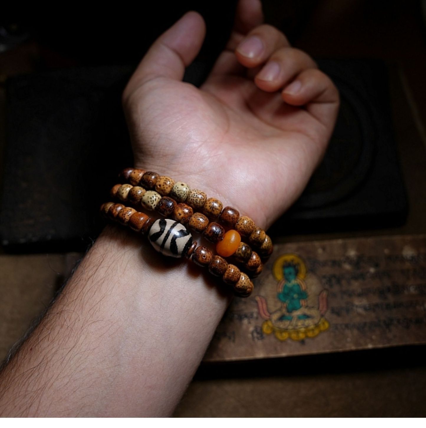 Star Moon Bodhi Seed Chenzi Beads with Dzi Beads Multi-Wrap Bracelet