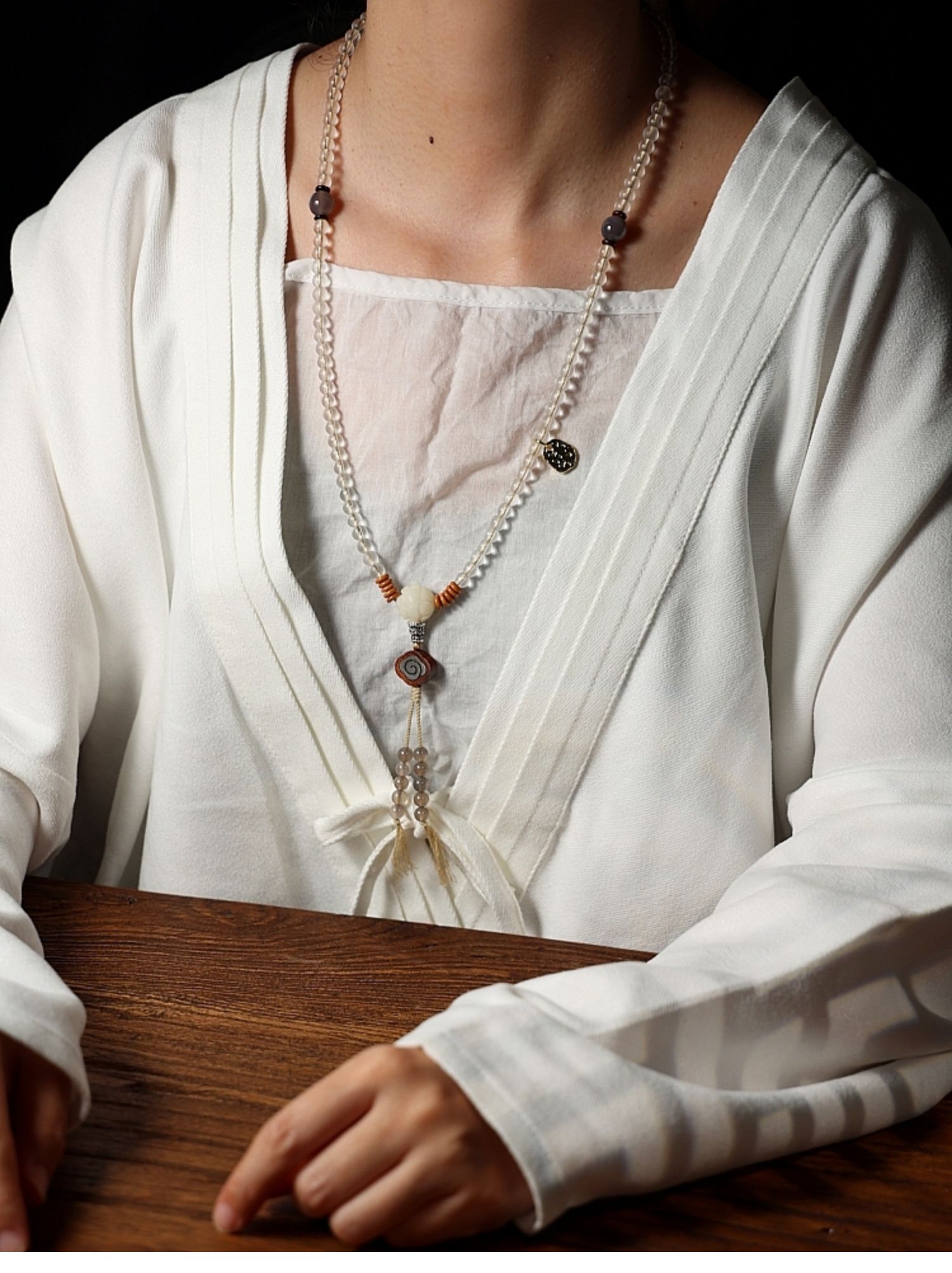 White Tara Blessing – Handcrafted White Glaze Glass (Liu Li) Mala