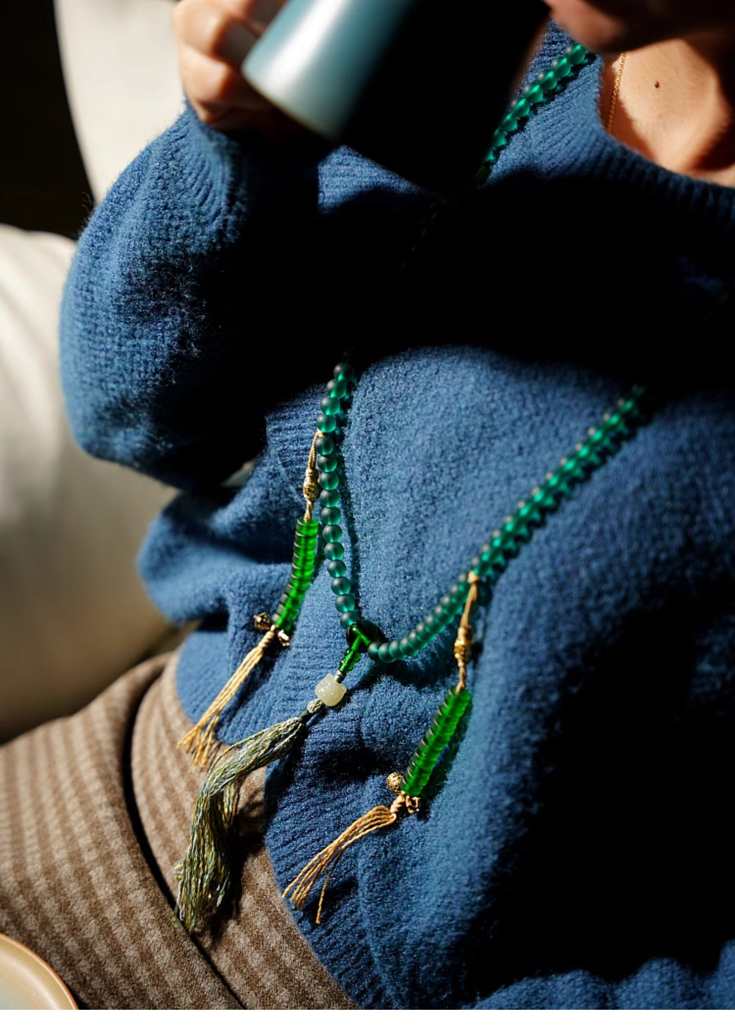 Handcrafted Green Tara Glass Bead Mala – 108 Beads with Hetian Jade