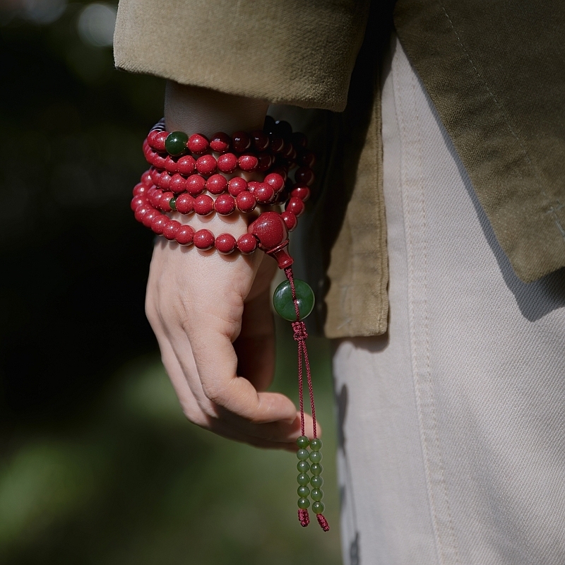 108 Beads Natural Cinnabar & Hetian Jade Mala – Bracelet and Necklace Zodiac Year