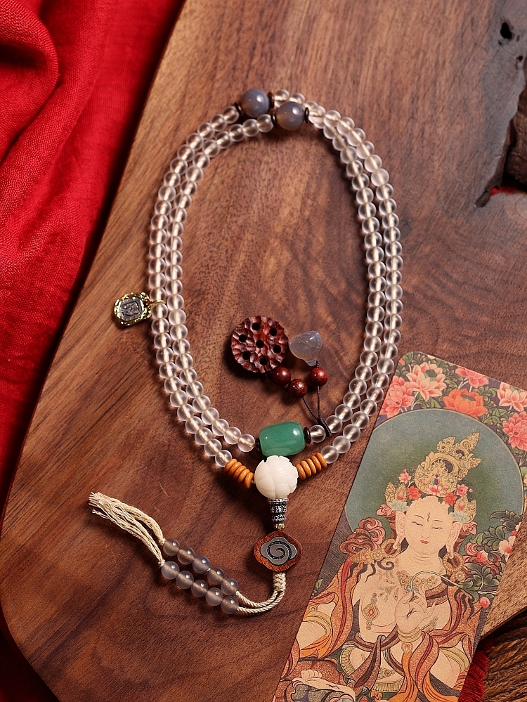 White Tara Blessing – Handcrafted White Glaze Glass (Liu Li) Mala