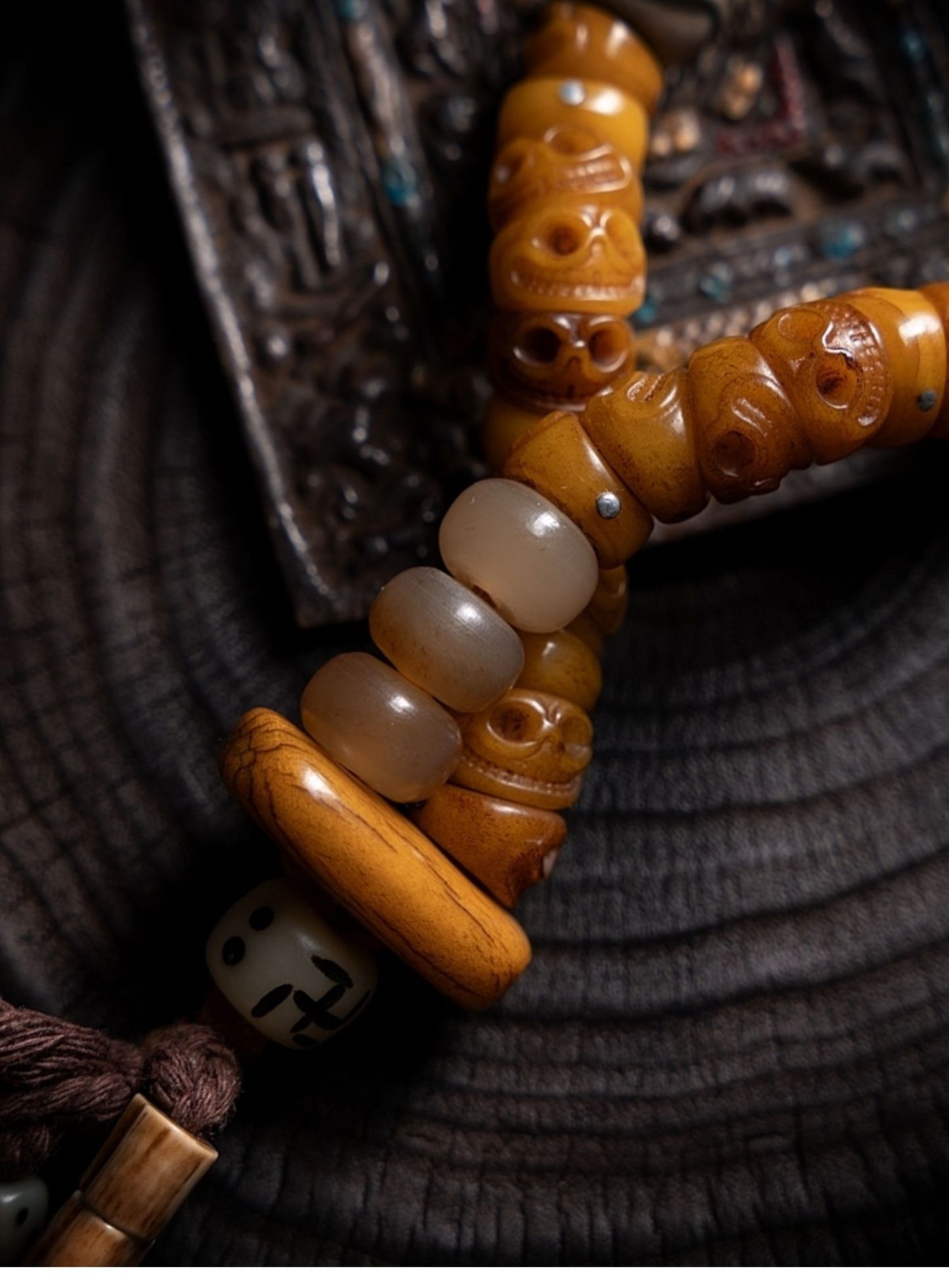 Tibetan Slant-Cut Yak Bone Skull Mala Bracelet – Charnel Ground Master Beads with Tassel