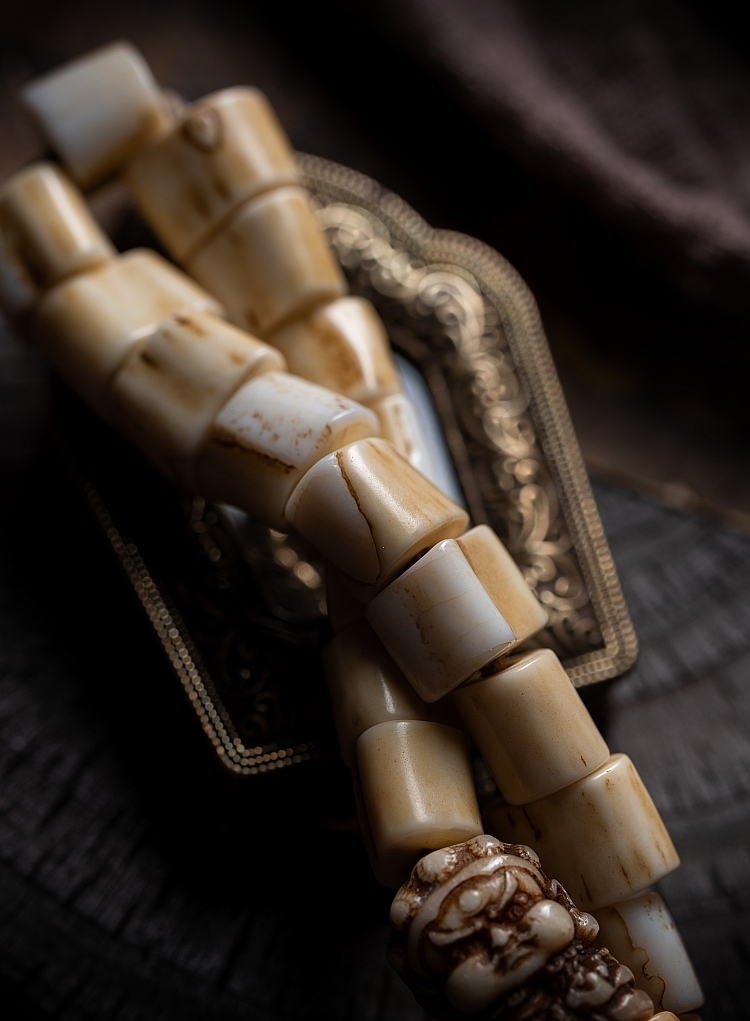 Tibetan Handwoven Antler Bracelet with Yak Bone & Agate Accents