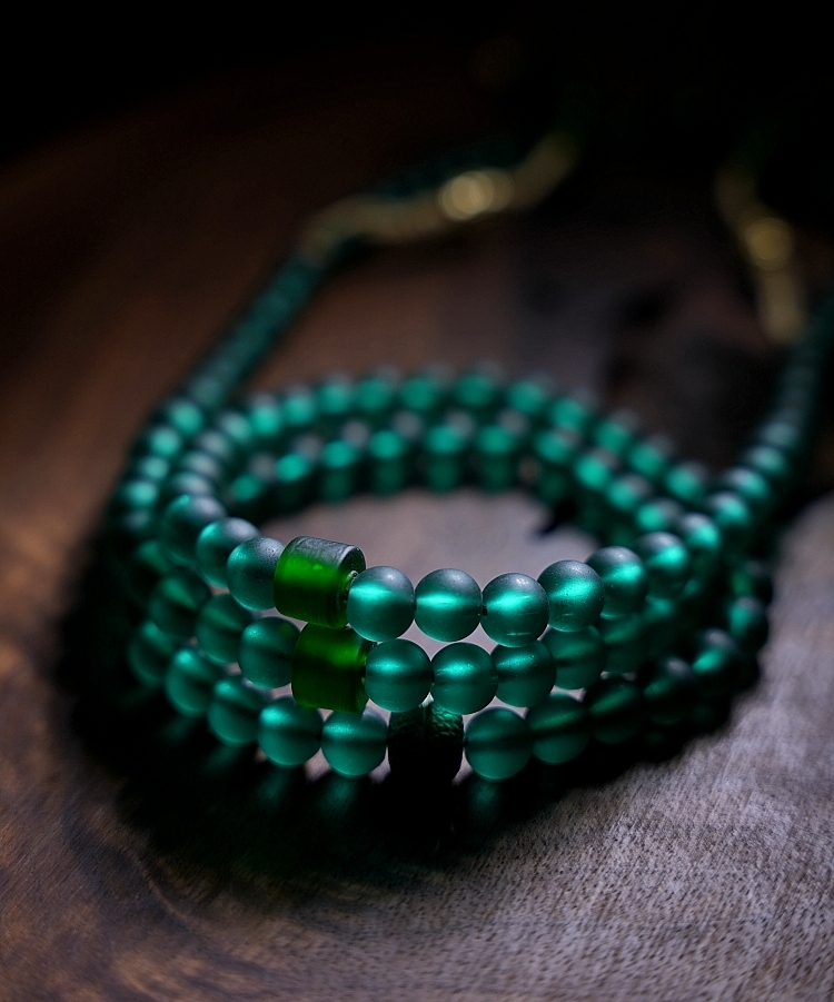 Handcrafted Green Tara Glass Bead Mala – 108 Beads with Hetian Jade
