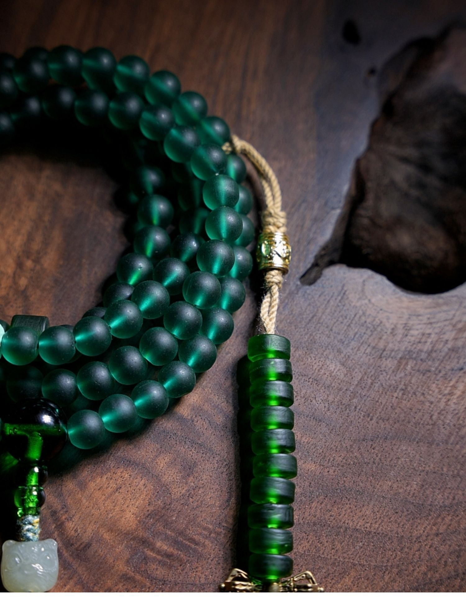 Handcrafted Green Tara Glass Bead Mala – 108 Beads with Hetian Jade