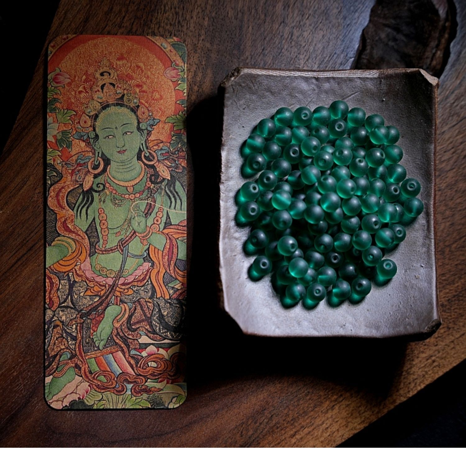 Handcrafted Green Tara Glass Bead Mala – 108 Beads with Hetian Jade