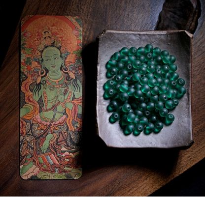 Handcrafted Green Tara Glass Bead Mala – 108 Beads with Hetian Jade