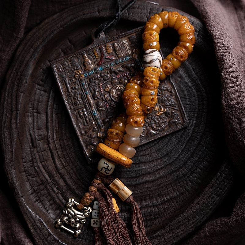 Tibetan Slant-Cut Yak Bone Skull Mala Bracelet – Charnel Ground Master Beads with Tassel