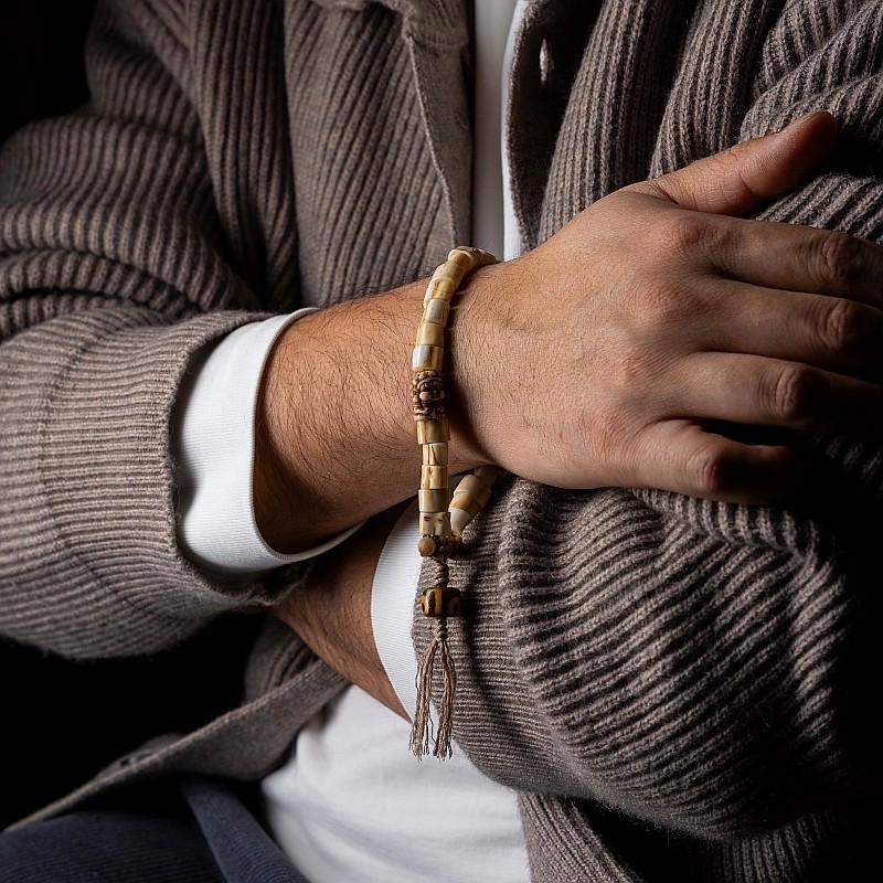 Tibetan Handwoven Antler Bracelet with Yak Bone & Agate Accents
