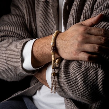 Tibetan Handwoven Antler Bracelet with Yak Bone & Agate Accents