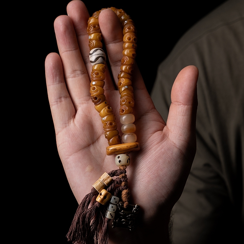 Tibetan Slant-Cut Yak Bone Skull Mala Bracelet – Charnel Ground Master Beads with Tassel